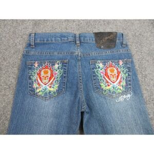 VINTAGE Ed Hardy Jeans‎ Womens 9/10 Blue Denim Eagle Embroidered Skull 30X32